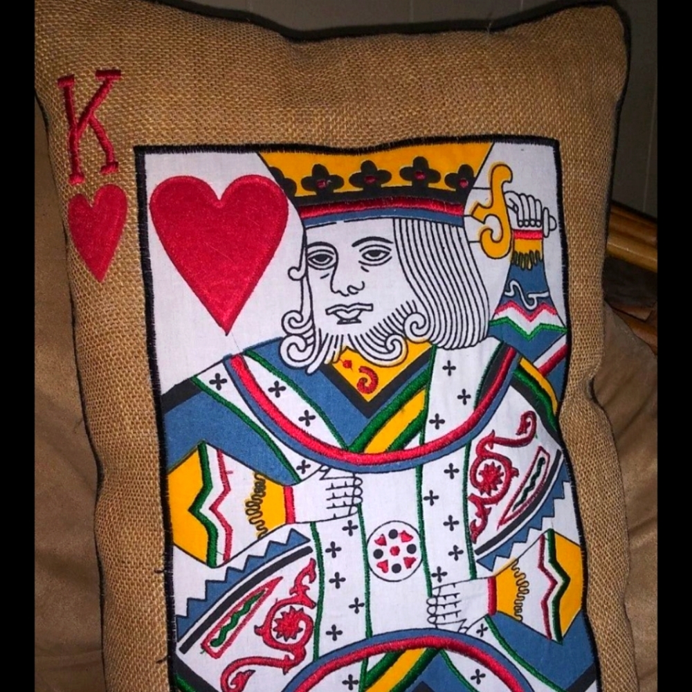 King of hearts burlap pillow 18" x 12"